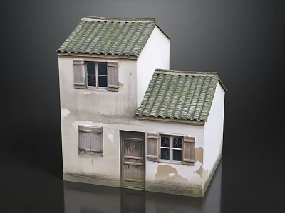 Vintage Weathered 3D Rural Cottage Model With Green Tile Roof And Old Wooden Window Shutters 3d model
