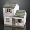 Vintage Weathered 3D Rural Cottage Model With Green Tile Roof And Old Wooden Window Shutters