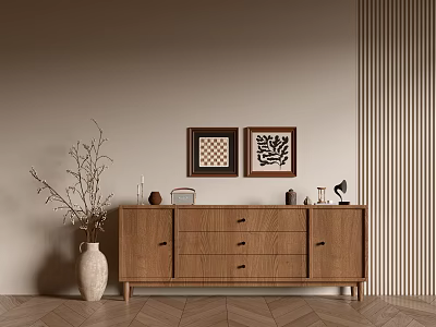 Minimalist Wooden Entryway Console Table with Framed Artworks Vase and Dried Branches on Herringbone Floor 3d model