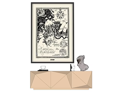 Black Framed Decorative Wall Art With Compass Map And Geometric Console Table With Dog Figurine 3d model