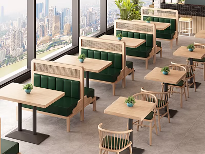 Public Chairs In Modern Restaurant With Green Cushions Wooden Tables And City View 3d model