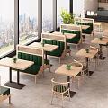 Public Chairs In Modern Restaurant With Green Cushions Wooden Tables And City View