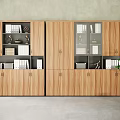 Modern Wooden Bookcase Interior Design With Glass Doors Open Shelves And Binders