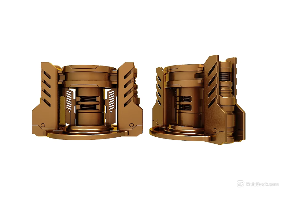 Two Brown Cylindrical Mechanical Devices With Support Frames And Spring Components 3d model