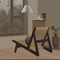 Leisure Chair with Wooden Frame Woven Backrest by Window Blinds Table Lamp and Green Plant