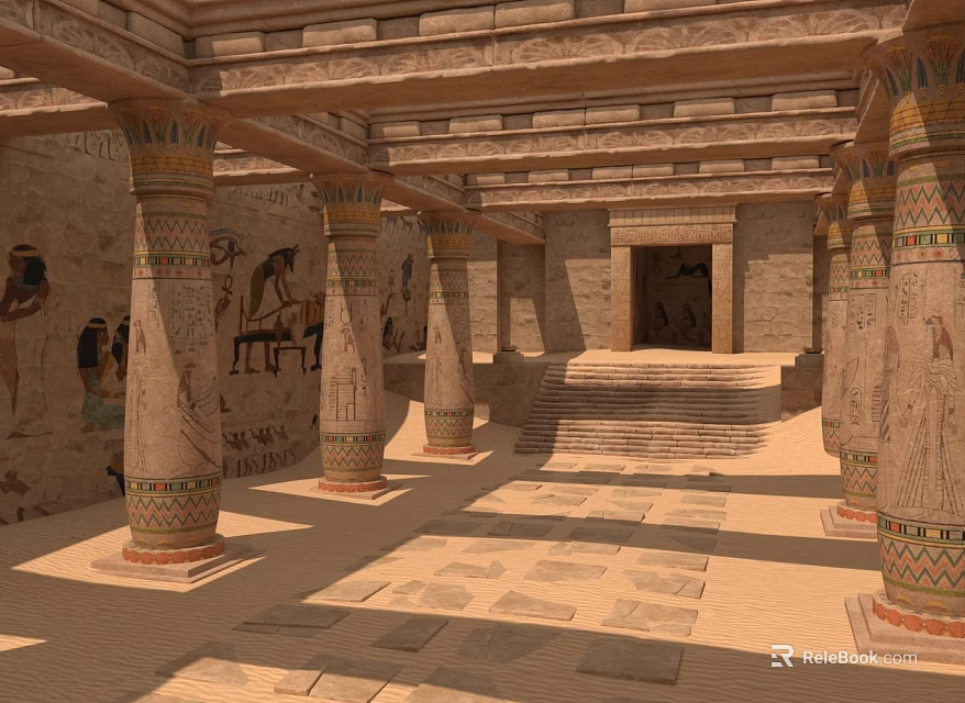 Ancient Egyptian Temple Interior With Hieroglyphic Murals Carved Columns And Stone Steps 3d model 