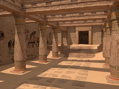 Ancient Egyptian Temple Interior With Hieroglyphic Murals Carved Columns And Stone Steps 3d model