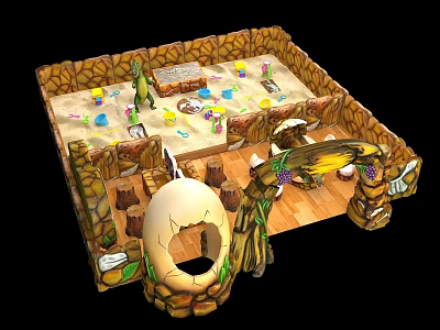 Cartoon Themed Play Scene With Broken Egg Dinosaur Figure Colorful Toys And Wooden Fence 3d model