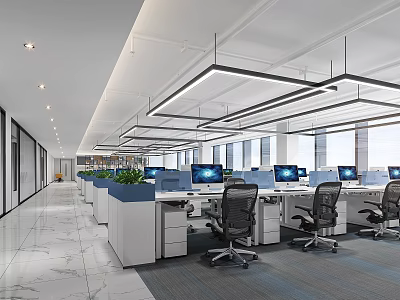 Spacious Modern Public Office Space With Desks Computers Green Plants And Large Windows 3d model