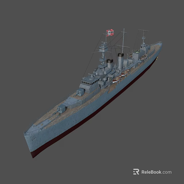 Detailed Gray Warship 3D Model with Masts Smokestacks and British Flag 3d model 