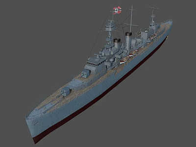 Detailed Gray Warship 3D Model with Masts Smokestacks and British Flag 3d model