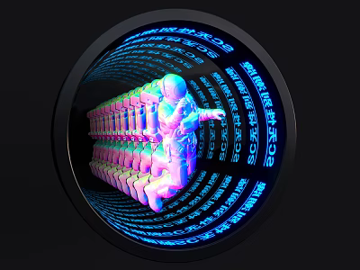 Innovative Commercial Equipment Featuring Circular Design Blue Purple Lighting Data Display And Human Figure 3d model