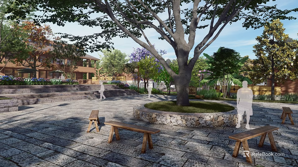 Rural Landscape With Large Tree Stone Paved Square Wooden Benches And Distant Houses 3d model 