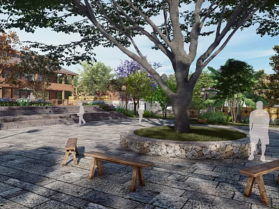 Rural Landscape With Large Tree Stone Paved Square Wooden Benches And Distant Houses 3d model