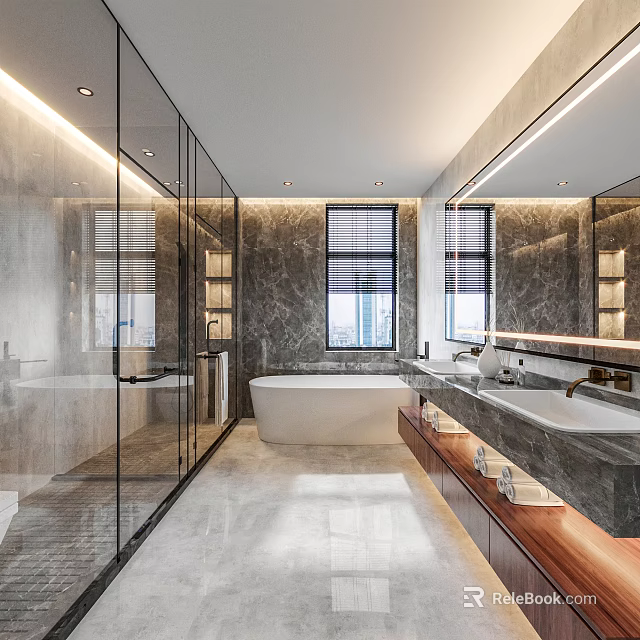 Modern Bathroom With Glass Shower Enclosure Marble Walls Freestanding Bathtub Double Sinks And Wooden Countertop 3d model 