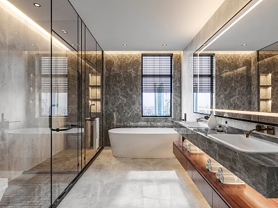 Modern Bathroom With Glass Shower Enclosure Marble Walls Freestanding Bathtub Double Sinks And Wooden Countertop 3d model