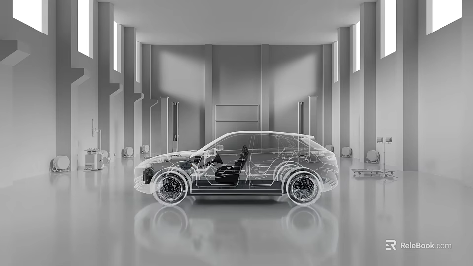 Concept Car Technical Drawing In Modern Studio With Illuminated Interior And Architectural Lines 3d model