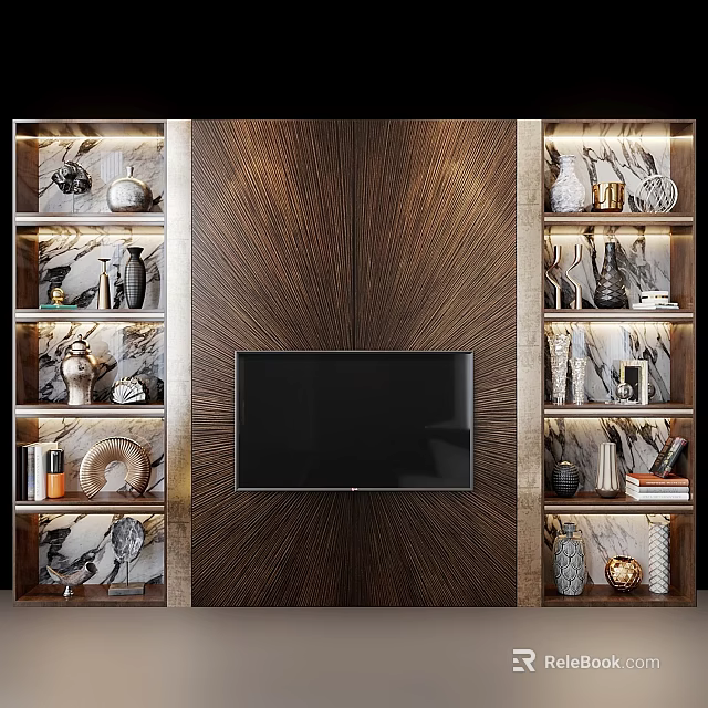 Modern TV Wall with Textured Wooden Panel Flanking Open Shelves Decorative Vases Sculptures and Books 3d model 