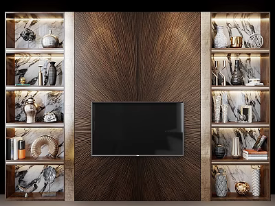 Modern TV Wall with Textured Wooden Panel Flanking Open Shelves Decorative Vases Sculptures and Books 3d model