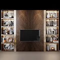 Modern TV Wall with Textured Wooden Panel Flanking Open Shelves Decorative Vases Sculptures and Books