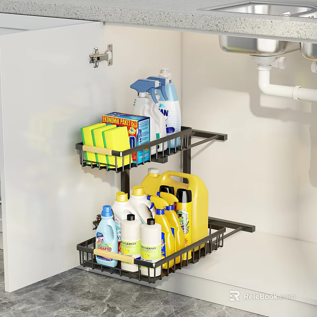 Under Sink Kitchen Shelf Organizer With Cleaning Supplies And Detergent Bottles 3d model 