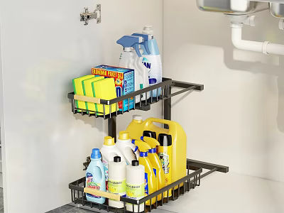 Under Sink Kitchen Shelf Organizer With Cleaning Supplies And Detergent Bottles 3d model