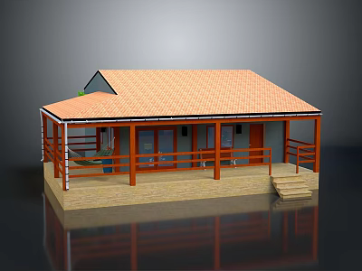 Small Cottage with Orange Tiled Roof Red Wooden Porch Railings Stone Base and Steps 3d model