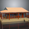 Small Cottage with Orange Tiled Roof Red Wooden Porch Railings Stone Base and Steps