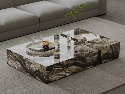 Modern Marble Coffee Table In Living Room With Tray Glass Fruit Vase And Book 3d model