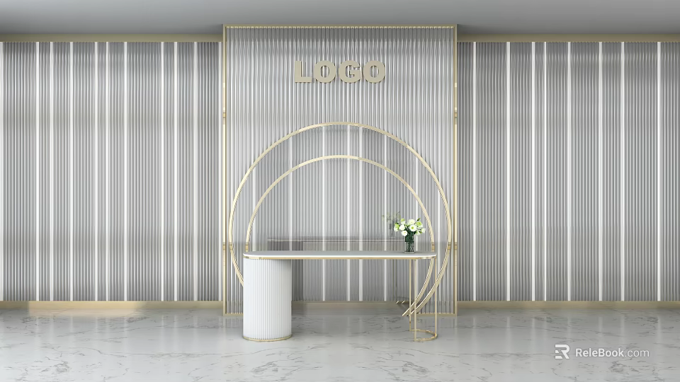 Modern Luxury Background Wall With Gold Circular Decor Striped Design Logo White Column And Greenery 3d model 