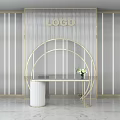 Modern Luxury Background Wall With Gold Circular Decor Striped Design Logo White Column And Greenery