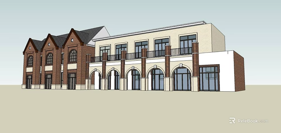 Modern Commercial Complex Featuring Brick Beige Facade Arched Doorways Balconies And Large Windows 3d model 