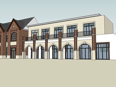 Modern Commercial Complex Featuring Brick Beige Facade Arched Doorways Balconies And Large Windows 3d model