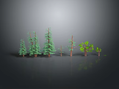 Different Types of Green Trees with Various Heights on Dark Reflective Surface Against Gray Background 3d model