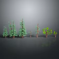 Different Types of Green Trees with Various Heights on Dark Reflective Surface Against Gray Background