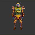 Yellow Mech Robot Character With Purple Faceplate And Green Chest Emblem