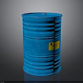Standing Blue Barrel With Yellow Essential Label On Dark Reflective Surface