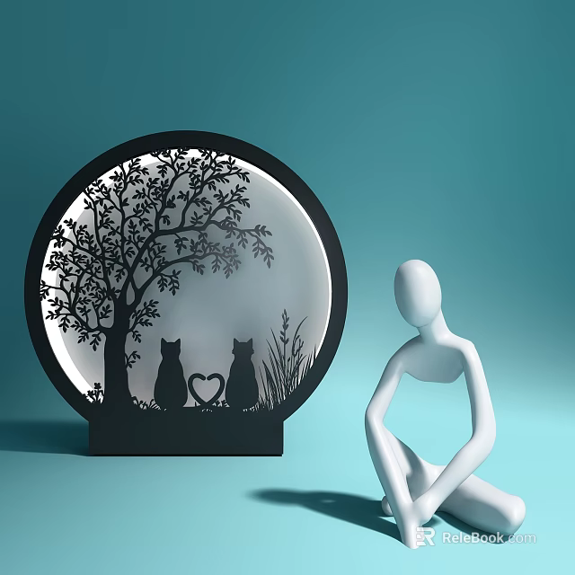 Stylish Decorative Ornament Set With Circular Tree Two Cats Heart And Human Figure 3d model 