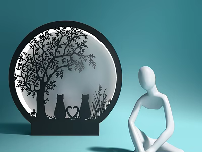 Stylish Decorative Ornament Set With Circular Tree Two Cats Heart And Human Figure 3d model