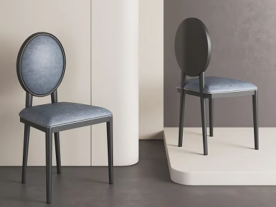 Modern Oval Back Dining Chairs With Black Frame And Blue Upholstered Seat Against Grey Wall 3d model
