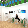 Sanquin Plasma Exhibition Booth With Green Backdrop Reception Desk And Screen