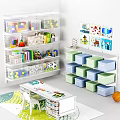 Organized Kids Desk with Shelves Books Storage Boxes Wall Art and Toys