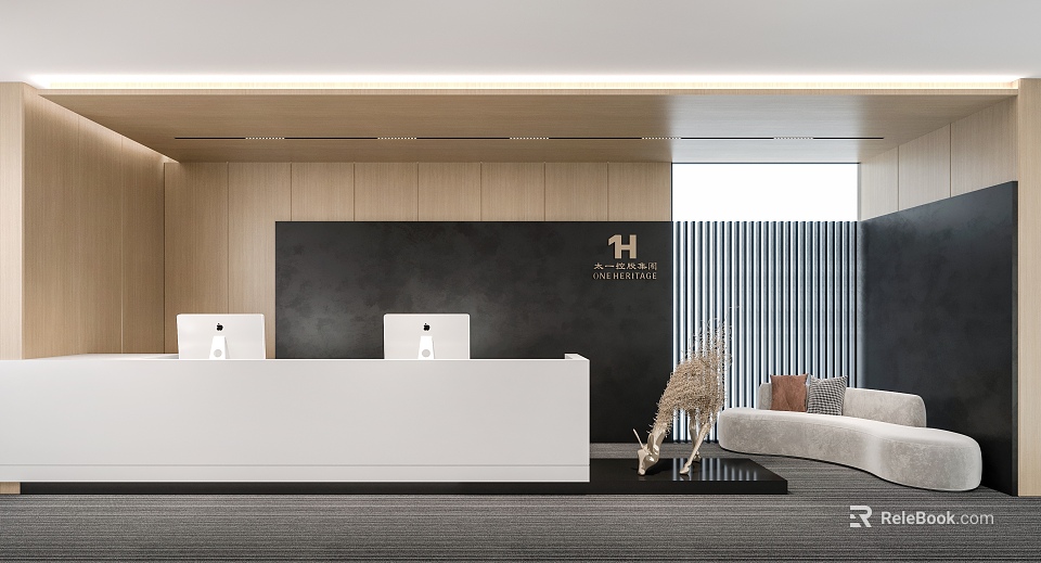 Modern Front Desk Reception At Harbour Hotel With White Desk Computers And Backdrop Decor 3d model 