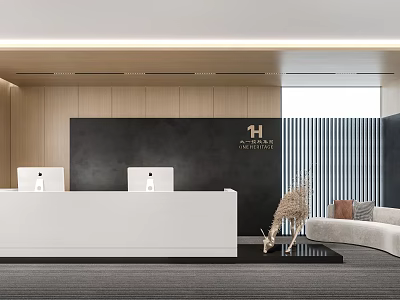 Modern Front Desk Reception At Harbour Hotel With White Desk Computers And Backdrop Decor 3d model