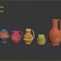 Five Orange Clay Pots With Textured Surface And Handles For Decorative 3d model