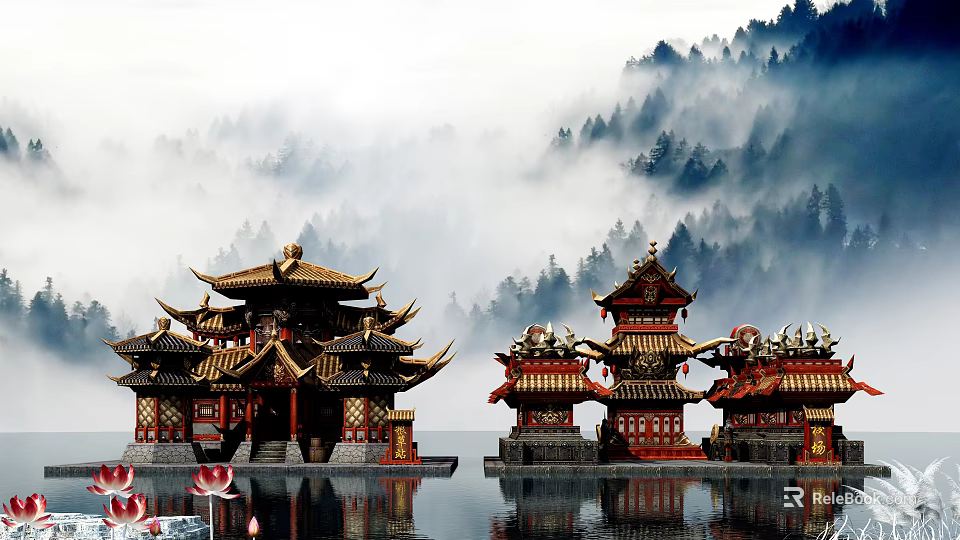 Cartoon Scene with Traditional Chinese Buildings by Misty Water and Mountain Forest with Lotus Flowers 3d model 