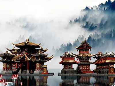 Cartoon Scene with Traditional Chinese Buildings by Misty Water and Mountain Forest with Lotus Flowers 3d model
