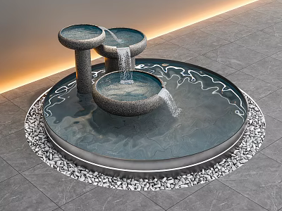 Garden Ornament Water Feature With Flowing Bowl Shapes Circular Pool Pebble Trim And Warm Lighting 3d model