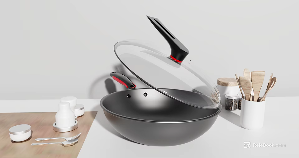 Black Wok With Transparent Lid And Red Handle In Kitchen 3d model 