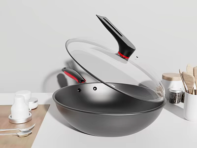 Black Wok With Transparent Lid And Red Handle In Kitchen 3d model